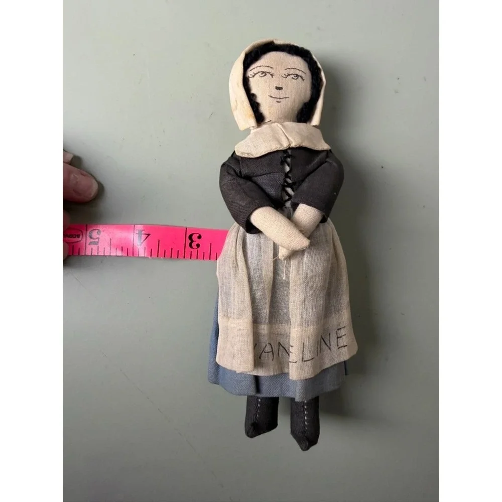 Vintage Handmade Cloth Folk Art Doll Evangeline Embroidered Prairie‎ Dress 15
